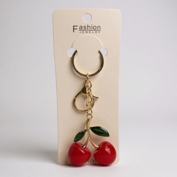Cherry Keychain Red Enamel Charm Gold Tone - Picture 4 of 4